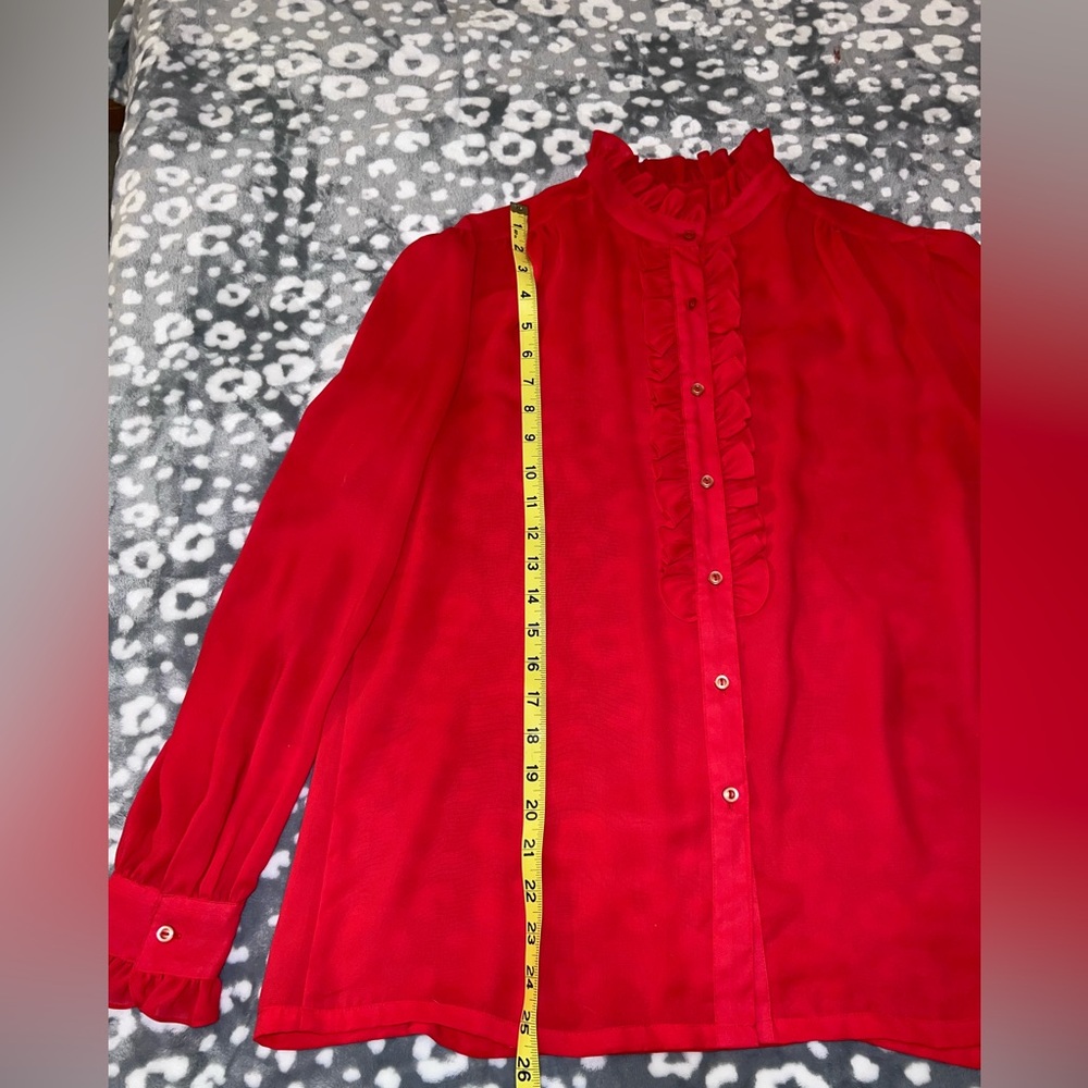 Alicia Vintage Red Ruffle High Neck Blouse Secretary Victorian Romantic Size 14 - Picture 9 of 11